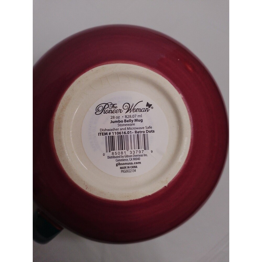 Pioneer Woman Belly Mug Darling Dots 28 Oz Red White Green Polka Dot Coffee Cup - Picture 6 of 6